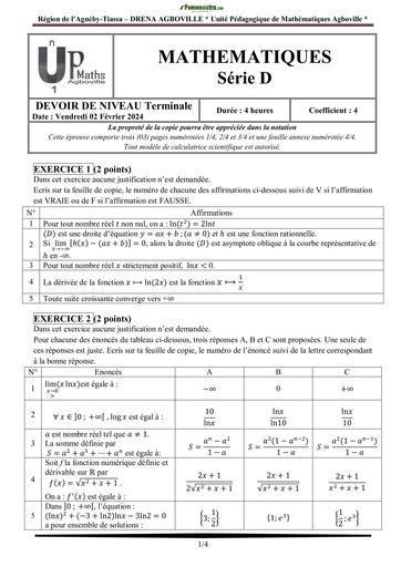 Devoir d'UP 2024 Maths Tle D agneby Tiassa Agboville by Tehua