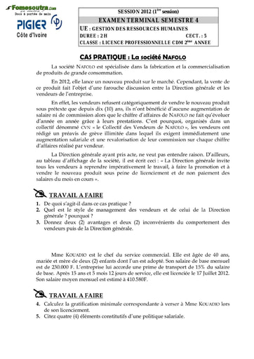 Gestion des Ressources Humaines - 2eme année Licence professionnelle  - PIGIER (2012)