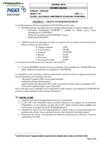 Sujet de Fiscalité BTS Finances Comptabilité et Gestion d’Entreprises -  BTS blanc 2016 (PIGIER)