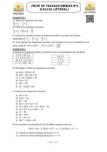 Travaux Dirigés N°1 MATHS niveau 3ième (Calcul littéral) OCTOBRE 2025 PROVINCIAL by Tehua