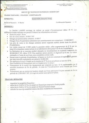 Examen BTS tertiaire 2007 gestion financière FC0
