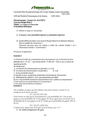 UFHB de Cocody MICRO II TD 2 2021 2022 Eco de l'incertain étudiant by TEHUA