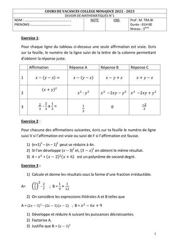 Devoir 1 MATHS 3eme CV 2023 prof TRA BI by DJAHASHIKAN