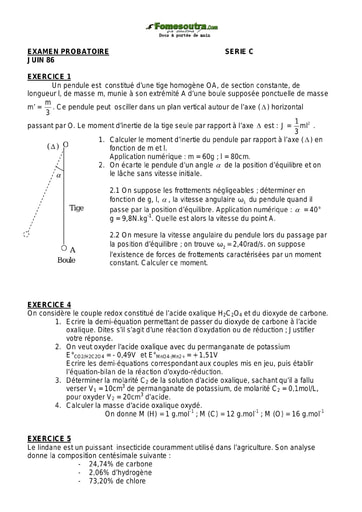 Sujet de Physique-Chimie 1 ère C examen Probatoire 1986