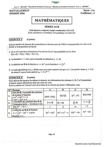 BAC 2026 MATHS SERIE A2 Sujet+corrigé RCI BY TEHUA