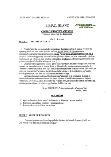Sujet de Composition française BEPC blanc 2007 Lycée Sainte Marie de Cocody