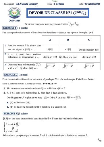 DEVOIR DE MATHS NIVEAU 2nde C 1 HINNEH OCTOBRE 2023 BY TEHUA