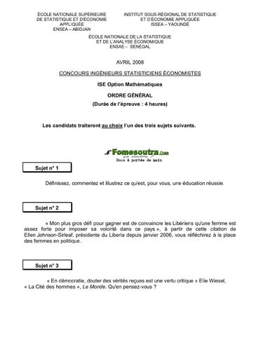 Sujet d'ordre générale ISE option maths 2008 (ENSEA - ISSEA - ENSAE)