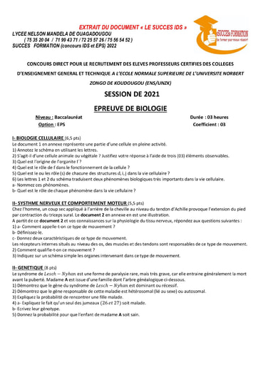 Sujet de SVT et de Culture Générale - Concours direct pour le recrutement des élevés Professeurs 2021