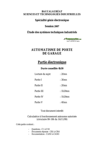 Sujet et corrigé Automatisme de porte de garage - Étude des Systèmes Techniques Industriels - BAC 2007