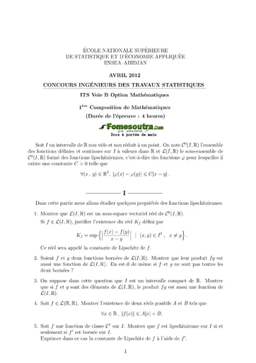 Sujet 1ère épreuve de maths ITS B option Maths 2012 (ENSEA)