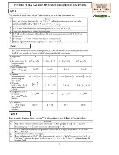 FICHE DE PREPA BAC 2024 MATHS SERIE D SERIE DE QCM ET QCD by Tehua