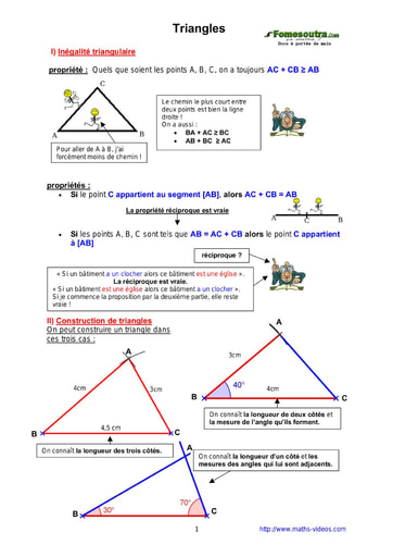 Les Triangles - Cours de Maths niveau 5eme