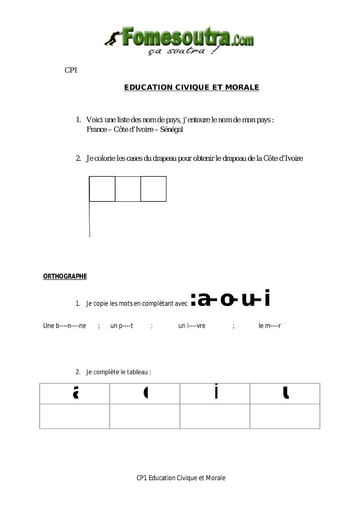 Evaluation éducation civique et morale - Orthographe CP1