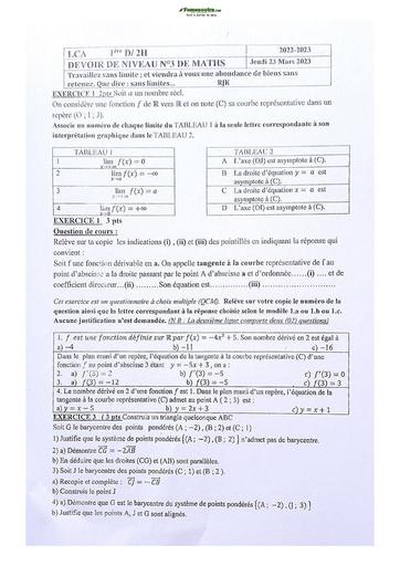 Sujet de Mathématique Première D Lycée Classique Abidjan 2023