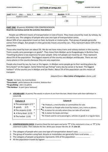 DEVOIR D'ANGLAIS NIVEAU 4ième LYCCEE D'ALLOSSO 2024 N°1 BY TEHUA