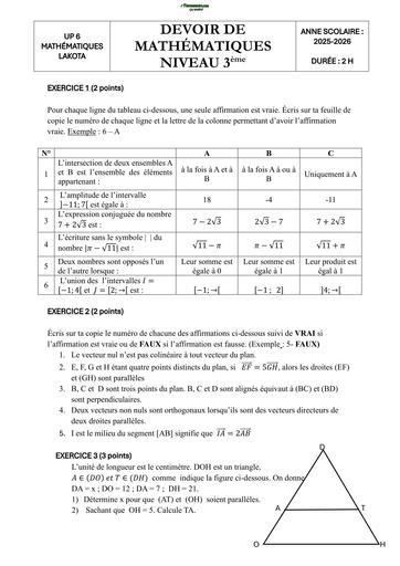 DEVOIR UP 6 LAKOTA SUJET DE MATHS NIVEAU 3ième AS 2026 BY TEHUA
