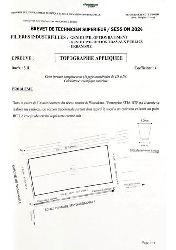 BTS CI Session 2026 FI Genie Civil option Bâtiment, Travaux publics et Urbanisme épreuve Topographie appliquée By TEHUA