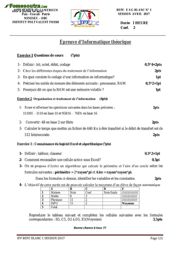 Sujet d'Informatique théorique niveau BEPC mai 2017 - Cameroun