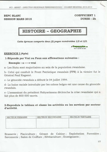 Histoire-géographie BEPC blanc 2015 DRENET Ferkessédougou