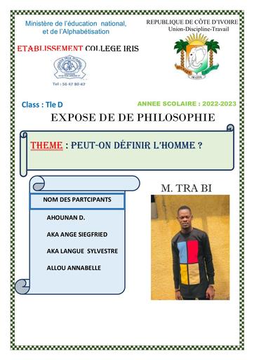 EXPOSE DE DE PHILOSOPHIE PEUT ON DEFINIR L'HOMME by Tehua