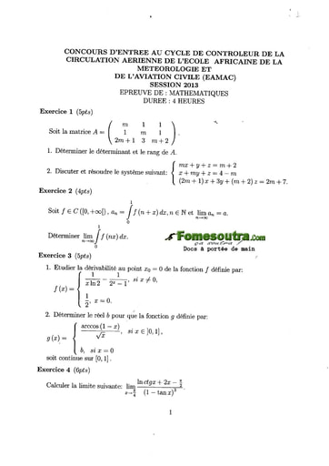 Sujet de Maths Concours EAMAC cycle Contrôleur de la circulation session 2013