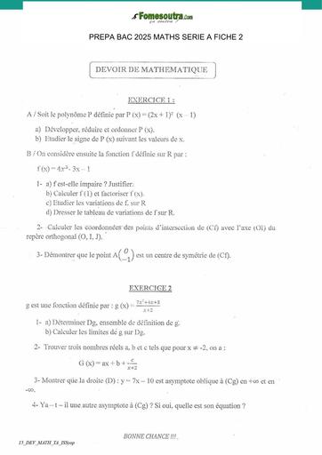 PREPA BAC 2025 MATHS SERIE A SUJET 2 BY TEHUA
