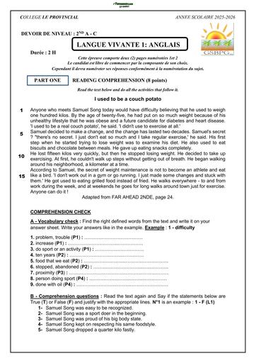 ENGLISH TEST 2 LEVEL 2nde Test I USE TO BE COUCH POTATO BY TEHUA