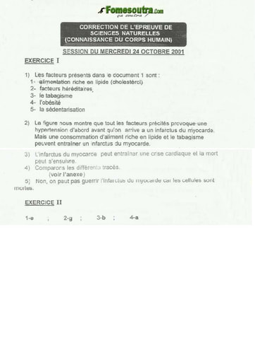 Corrigé Sciences Naturelles concours Aide Soignante 2001