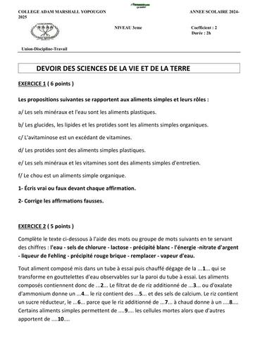 SUJET 3ième DEVOIR SVT (aliments) COLLEGE ADAM MARSHALL by TEHUA