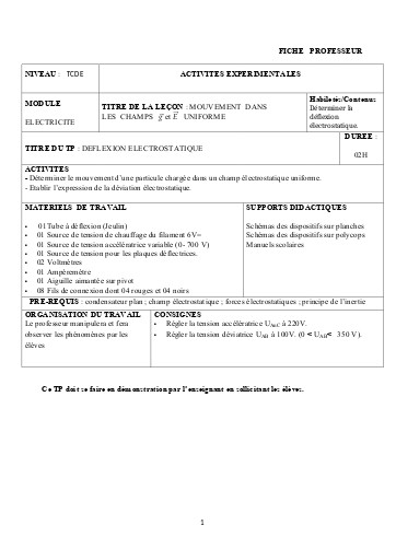 FICHE PROFESSEUR 4   MOUVEMENTS D3UNE PARTICULE  DANS UN CHAMP UNIFORME (1)