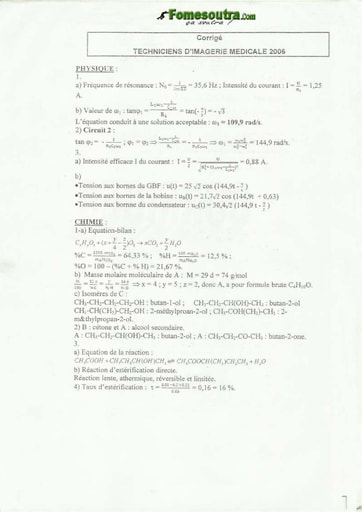 Corrigé Physique-Chimie Technicien d'Imagérie Médicale INFAS 2006