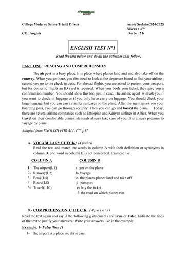 DEVOIR D'ANGLAIS niveau 4ème 2024 2025 UNIT 4 by TEHUA