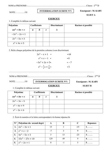 Interrogation écrite N°1 De MATHS niveau 1ière D Septembre 2025 by Tehua