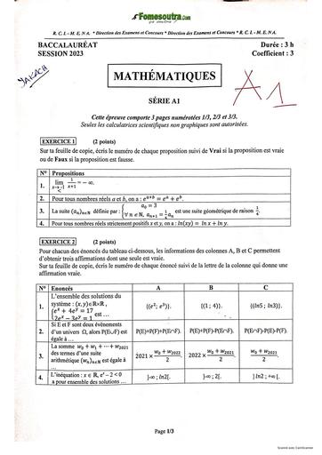 Sujet maths serie A1 bac 2023