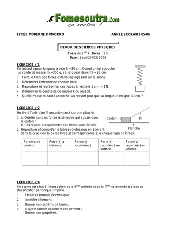 Devoir 2 de Physique-Chimie niveau 2nd A