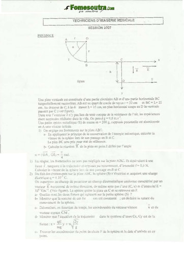 Sujet Physique-Chimie Technicien d'Imagérie Médicale INFAS 2007