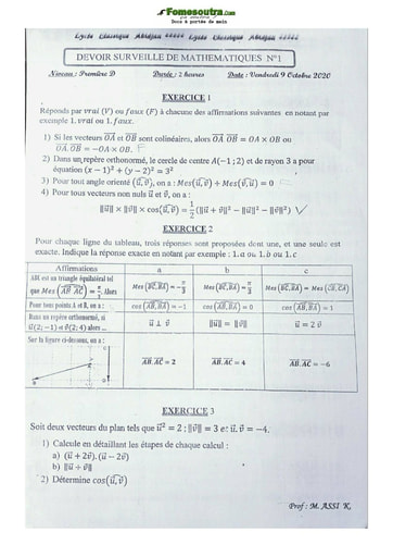 Sujet de Mathématiques Première D LCA 2020-2021