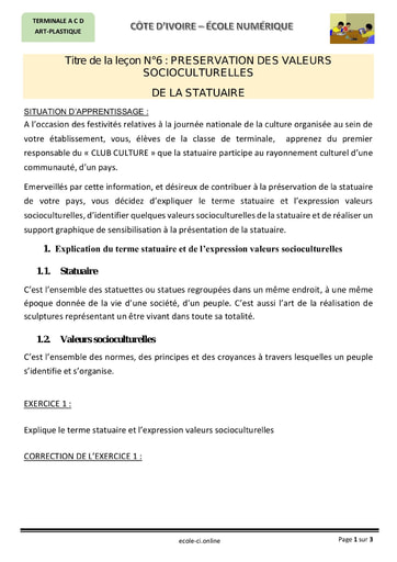 Préservation des valeurs socioculturelles de la statuaire - Cours d'Art Plastique niveau Terminale