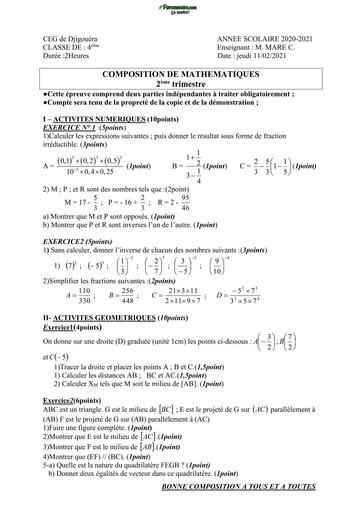 SUJET MATHS 4ième TRIMESTRE 2 CEG DE DJIGOUERA 2021 BY TEHUA