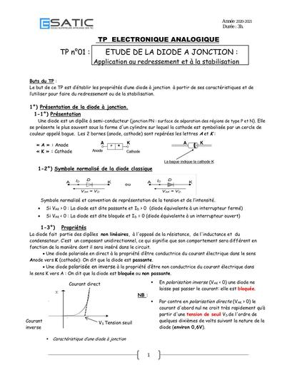 PROTOCOLE TP 01 La diode à jonction 2021