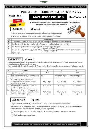 PREPA BAC 2026 KABY MATHS SERIE A1&2 6 SUJETS BY TEHUA