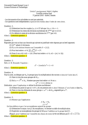Sujet corrigé de Mathématiques I (Algèbre) - Licence Sciences et technologie - Janvier 2010