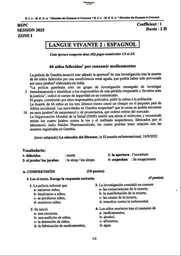 BEPC SEESION 2025 ZONE 1 SUJET LV2 ESPAGNOL Côte d'Ivoire (SUJET+BAREME) BY TEHUA