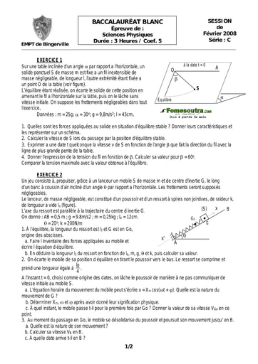 Sujet de Physique-Chimie BAC blanc Fevrier 2008 série C EMPT Bingerville