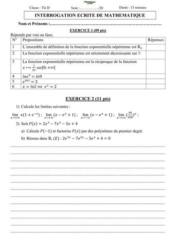 INTERROGATION ECRITE MATHS niveau Tle D SUR EXPO N°2 2026 BY TEHUA