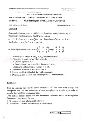 Mathématiques générales et statistiques BTS 2021