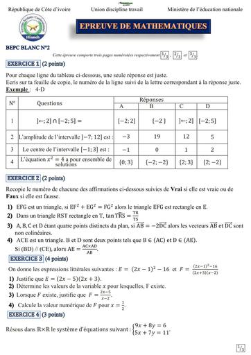 BEPC BLANC 2024 SUJET DE MATHS DRENA ABIDJAN 1 HINNE BY TEHUA