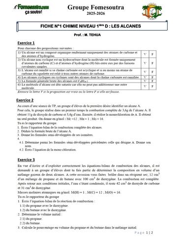 FICHE N°1 CHIMIE NIVEAU 1ière D LES ALCANES by Tehua