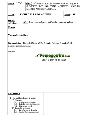 Le chlorure de sodium - Cours de Chimie 2nd C